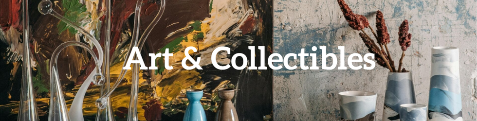 A beautifully curated display of wall paintings, vases, glass art, and pottery, showcasing artistic craftsmanship.
