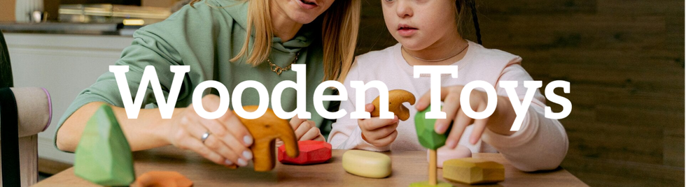A playful interaction between a parent and child, exploring creativity with wooden toys.