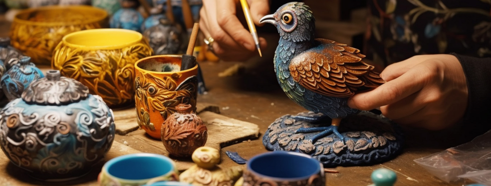 Handcrafted pottery being painted, with a delicate bird adding a touch of nature to the scene.