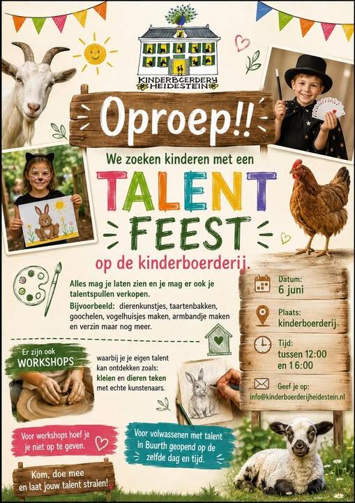 flyer voor een talentfeest voor kinderen op de kinderboerderij