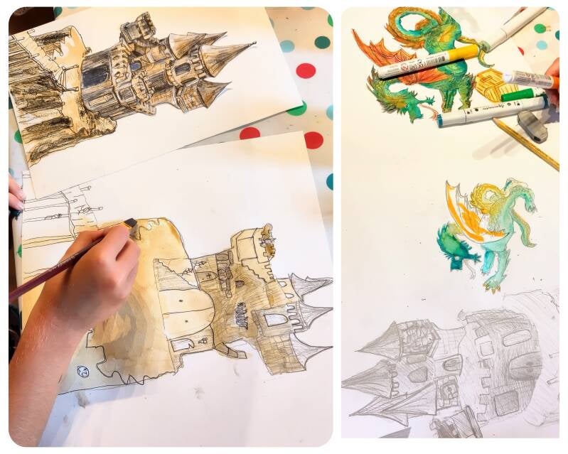 kasteel tekenen tekenles kinderen KUNSTMarieke