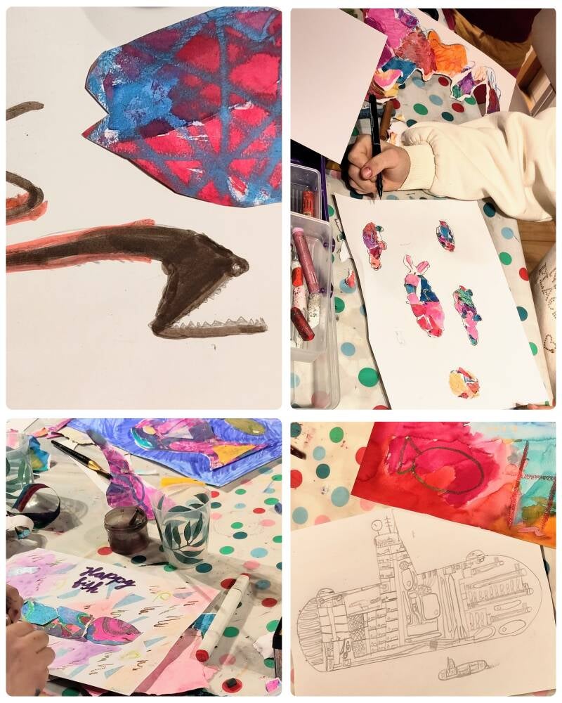 Collage kids tekenles kinderen vissen fish ecoline vetkrijt