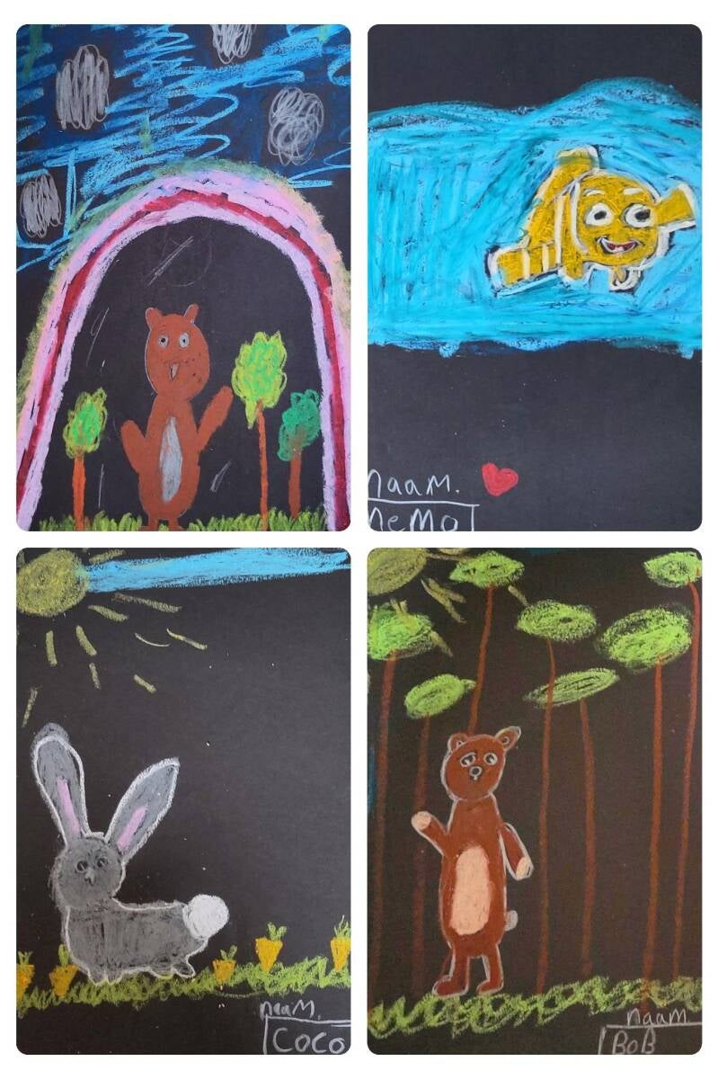 kindertekeningen van dieren op een zwarte achtergrond
