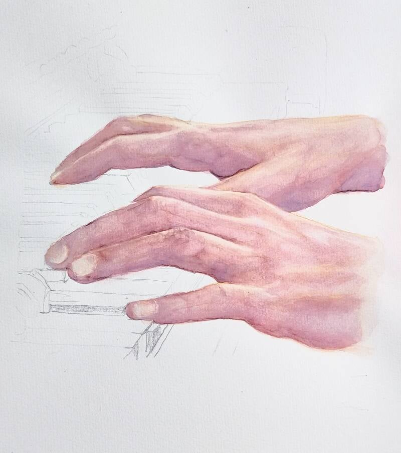 Handen hands Aquarel aquarelle drawing tekening piano playing