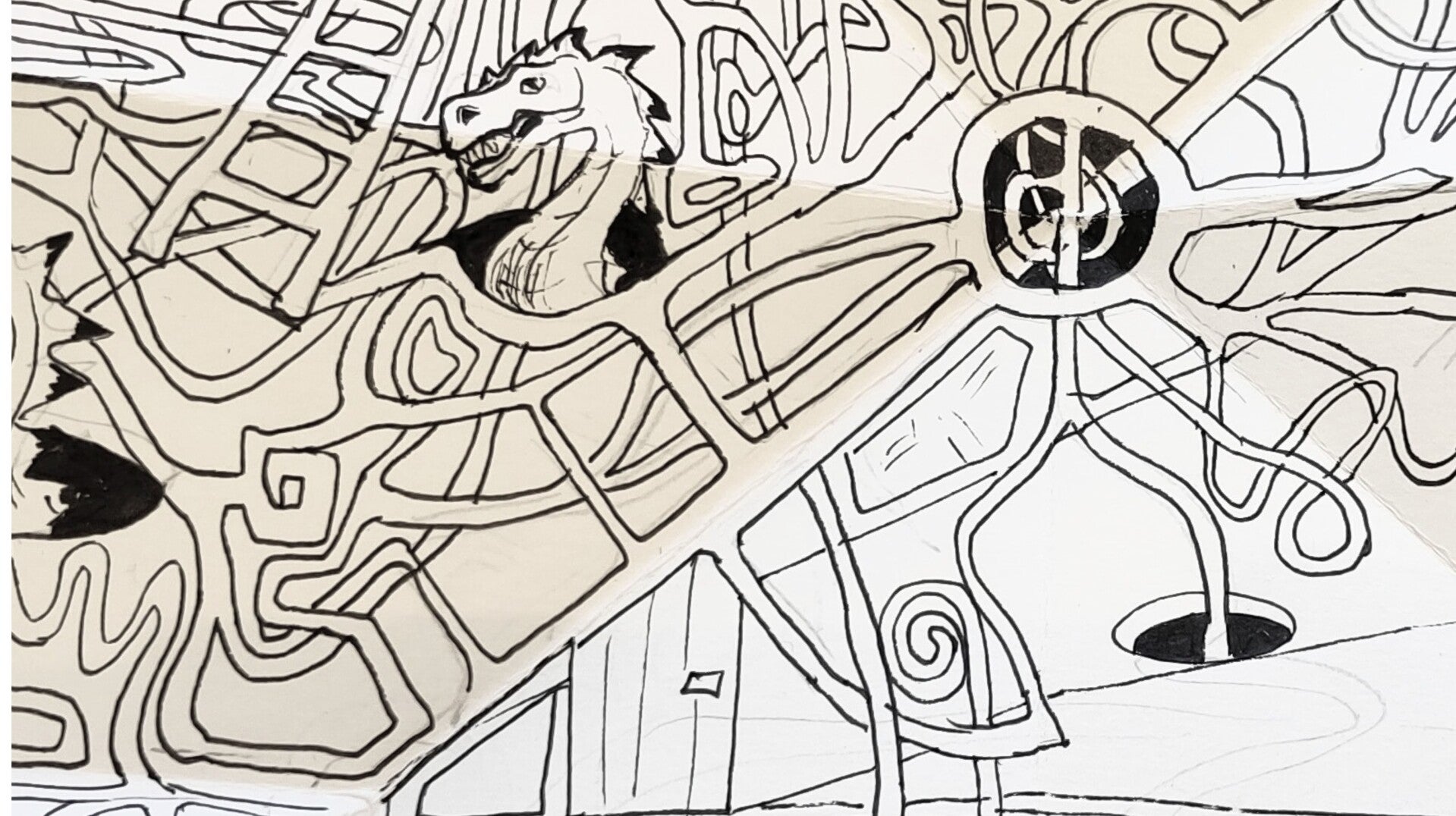 een tekening van een draak die uit een gat komt en veel wegen