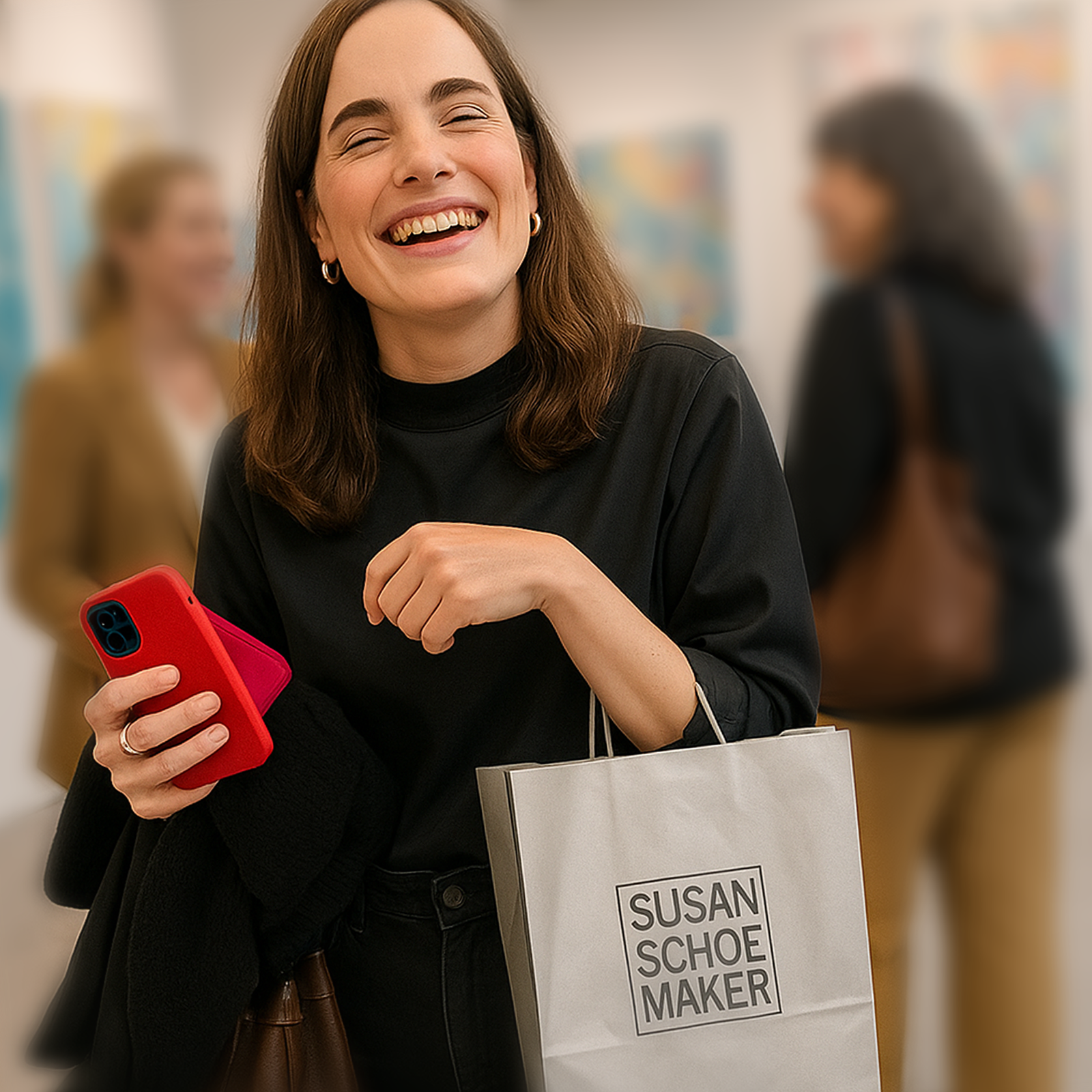 Lachende vrouw met een tas van susan schoemaker aan haar arm