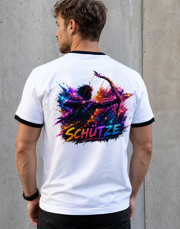 T-Shirt Schütze – schwarzes Shirt mit großem Rückenprint in Neonoptik