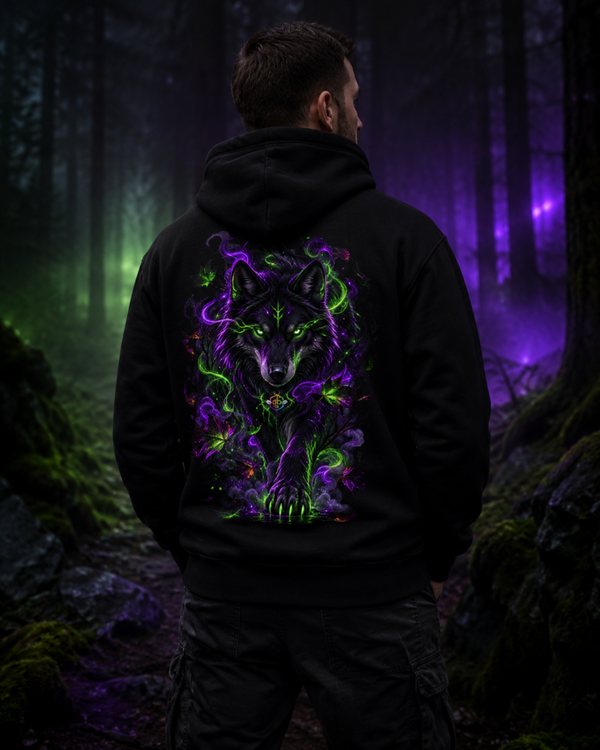 Neon Wolf Herren Hoodie – Mystischer Wolf in Lila & Grün