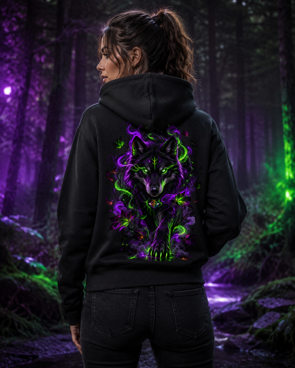 Neon Wolf Damen Hoodie – Mystischer Wolf in Lila & Grün