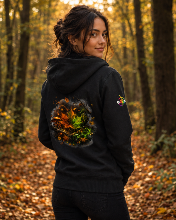 Hoody schwarz Damen Herbstmotiv Blätter Bio Baumwolle mit Zipper