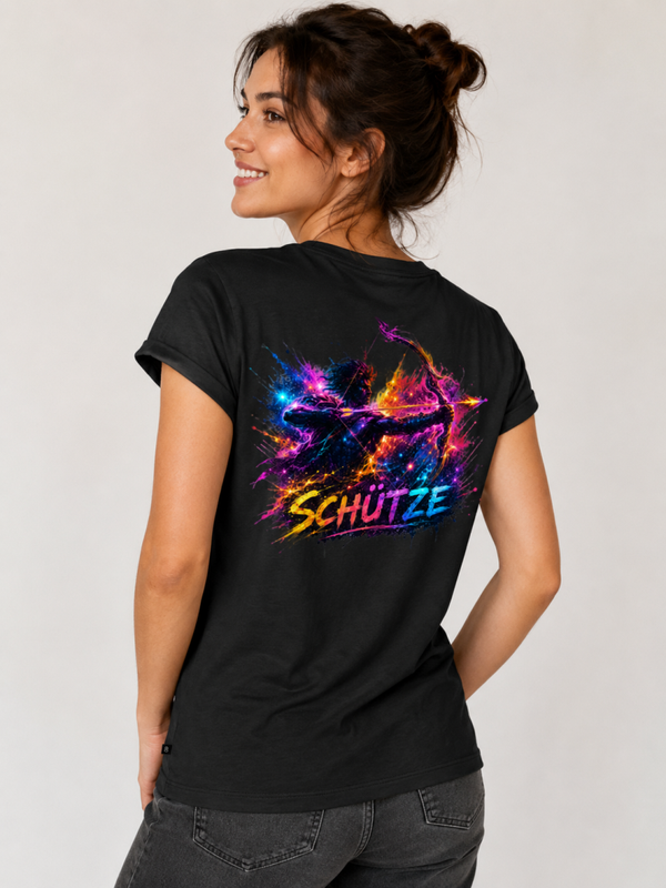 Damen T-Shirt Schütze – schwarzes Shirt mit großem Rückenprint in Neonoptik
