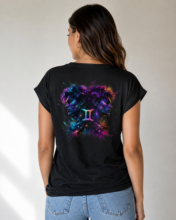 Damen T-Shirt Zwillinge – schwarzes Sternzeichen-Shirt mit Neon-Rückenprint