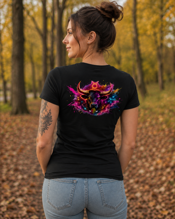 Damen T-Shirt Schwarz – Neon Stier Motiv mit Rückenprint