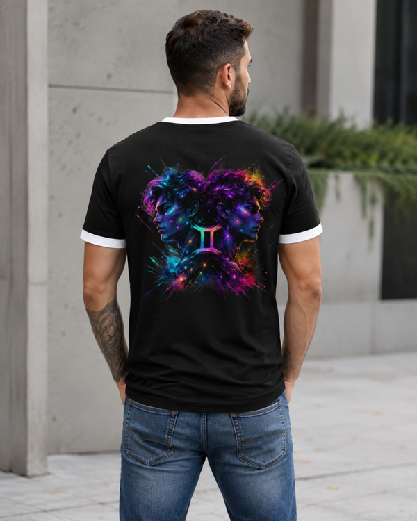 Herren T-Shirt Schwarz – Gemini Zwillinge Neon Rückenprint