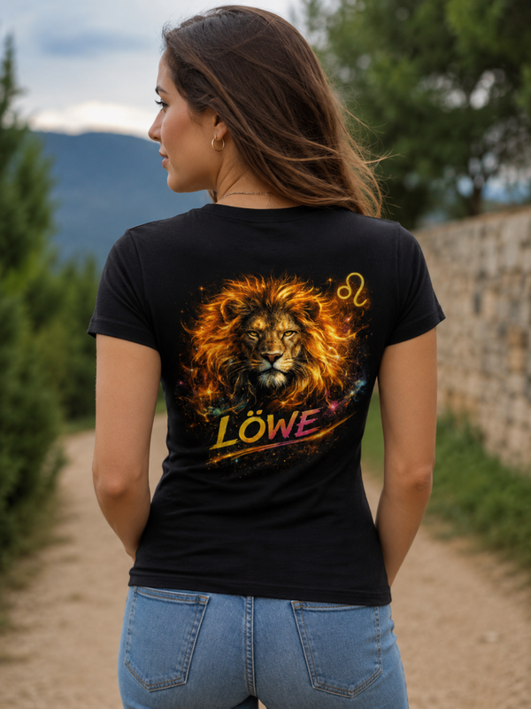 Damen T-Shirt Schwarz – Löwe Sternzeichen Rückenprint