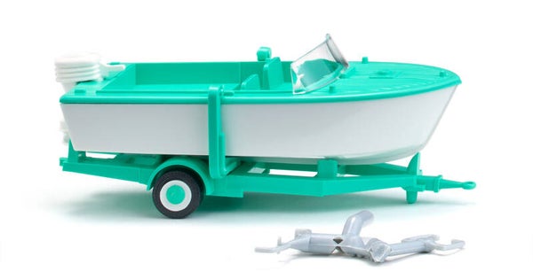 Wiking 1:87 009503 Motorboot auf Anhänger - signalweiß/mintgrün
