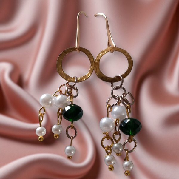 Gold earrings with pearls and glass beads