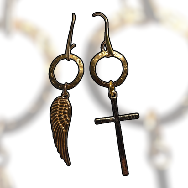 Gold toned mismatched Cross and wing earring