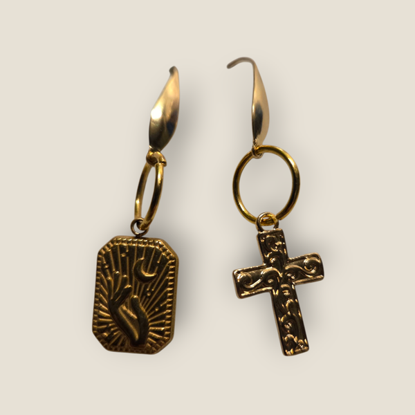 Cross and tablet mixed matched earrings