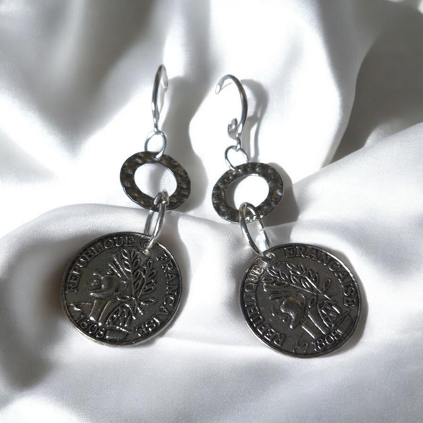 Silver tone coin earrings