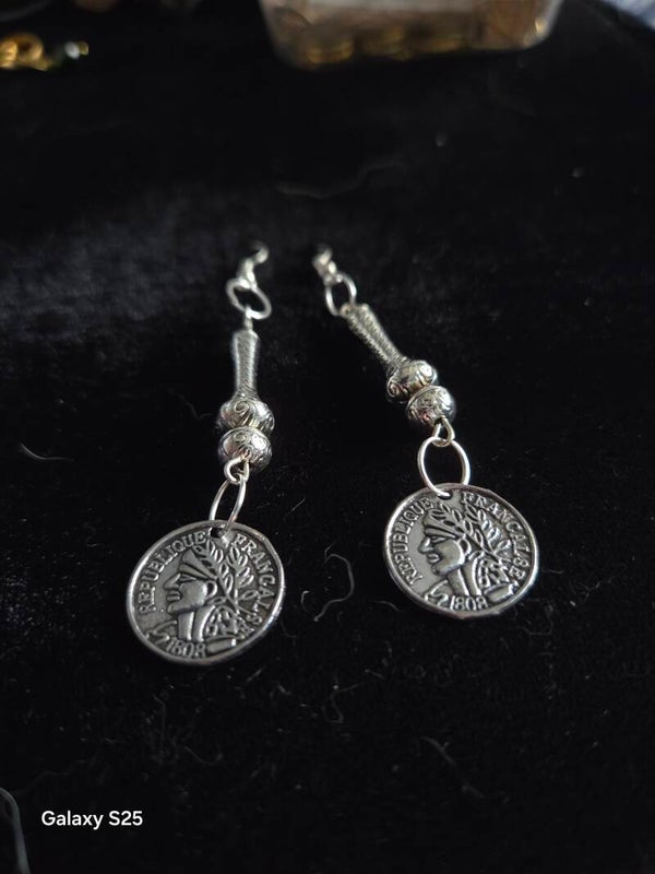 Silver tone coin earrings