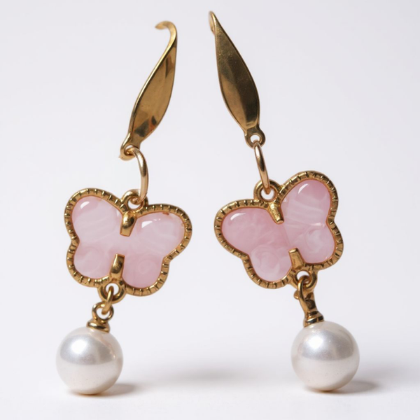 Glass butterfly and pearl earrings