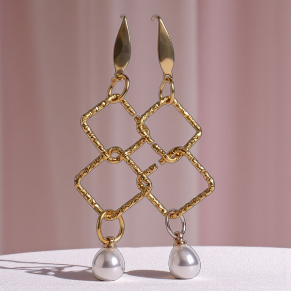 Gold toned and pearl  square earrings