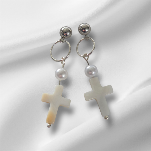Carved shell Cross shaped earrings