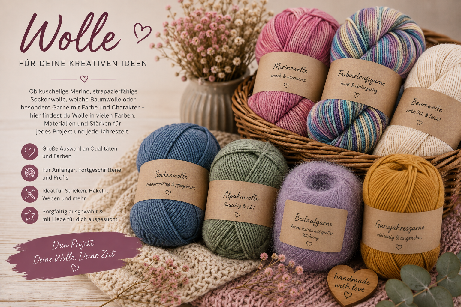 Beispielbild der Wolle von Gusto Wool, 7 bunte Farbstränge
