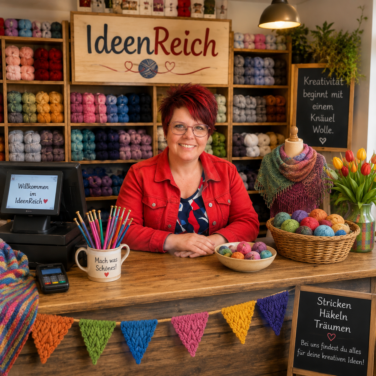 Die Shopinhaberin in ihrem Laden vor einem gefüllten Regal mit Wolle