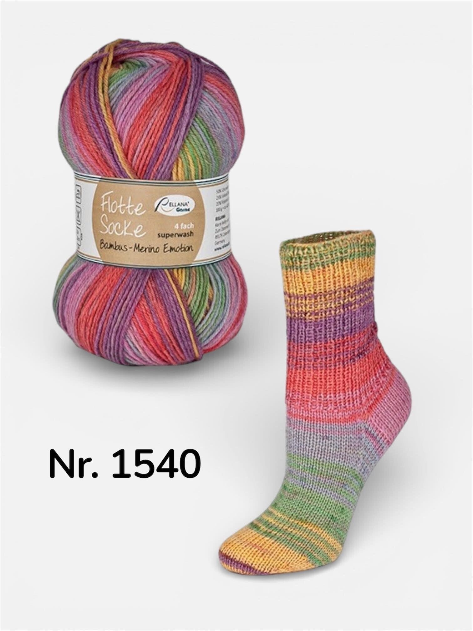 Beispielfoto der Rellana Wolle, ein Wollknäuel und eine passende Socke 