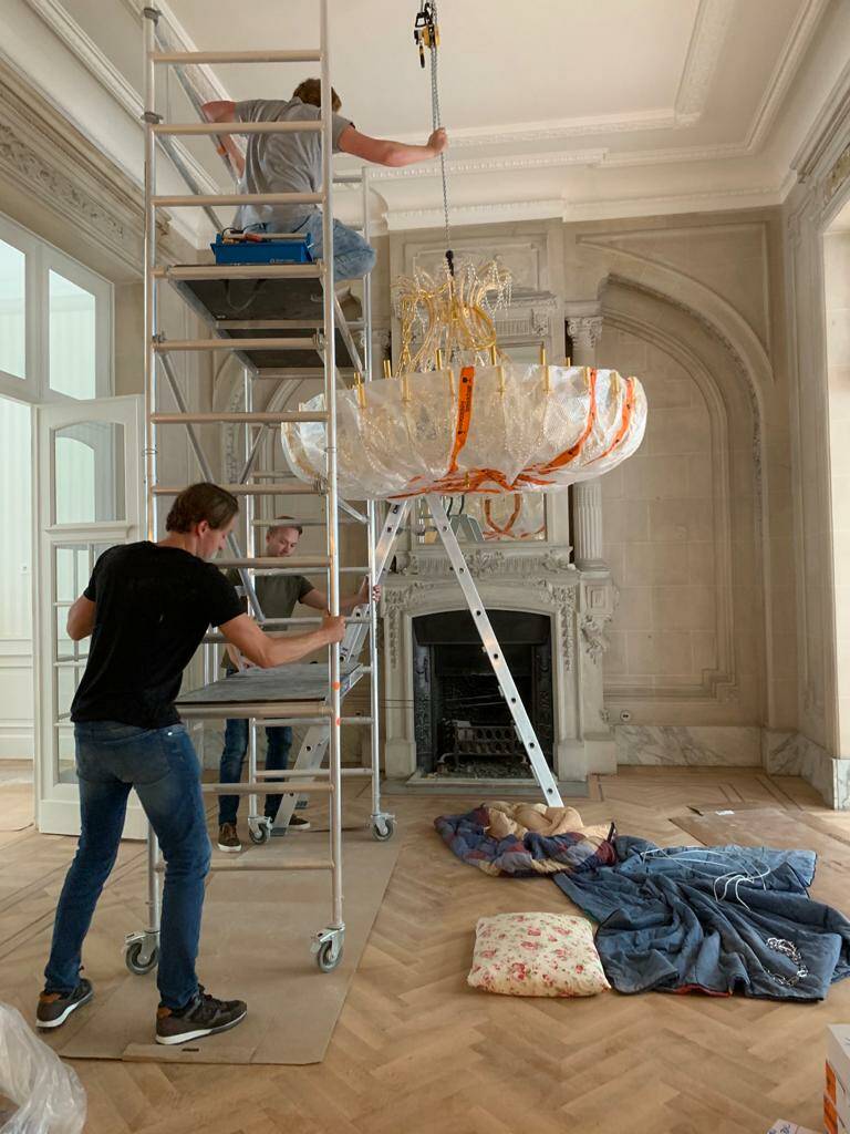 Nr A-8   Chandelier lighting with crystals - Big size gold color.    Dia 196 x 160 cm. Montage  nr 89  nr 2