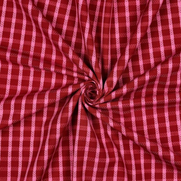 Katoen Garengeverfd Dobby - roze met rood