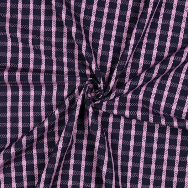Katoen Garengeverfd Dobby - donkerblauw met roze