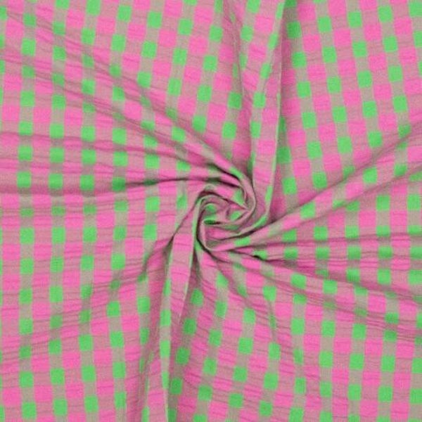 Katoen Seersucker ruit roze groen