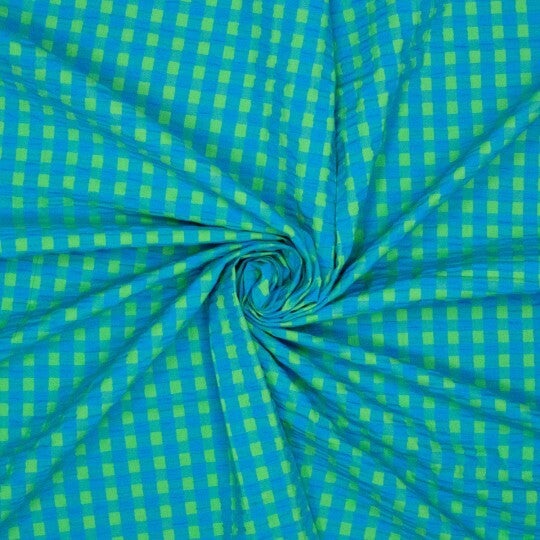 Katoen Seersucker ruit blauw groen