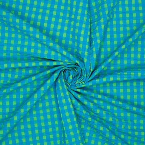 Katoen Seersucker ruit blauw groen