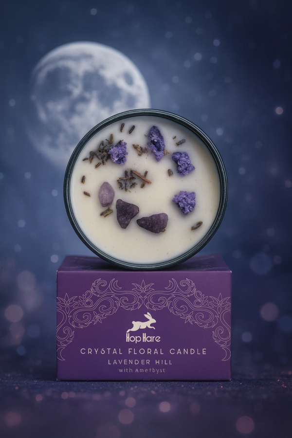 🌙 De Maan Crystal Magic Kaars – Lavender Hills met Amethist ✨