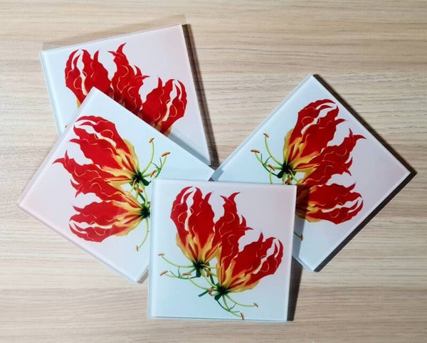 Flame Lily Coasters and Cutting board Glass Set