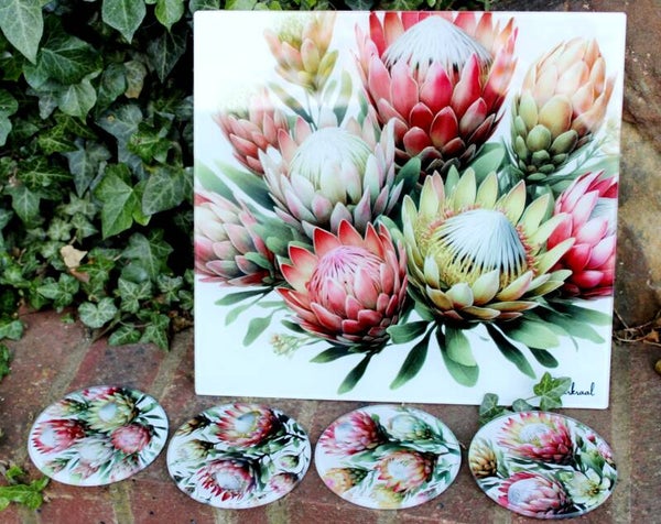 Protea Coasters and Cutting board Glass Set
