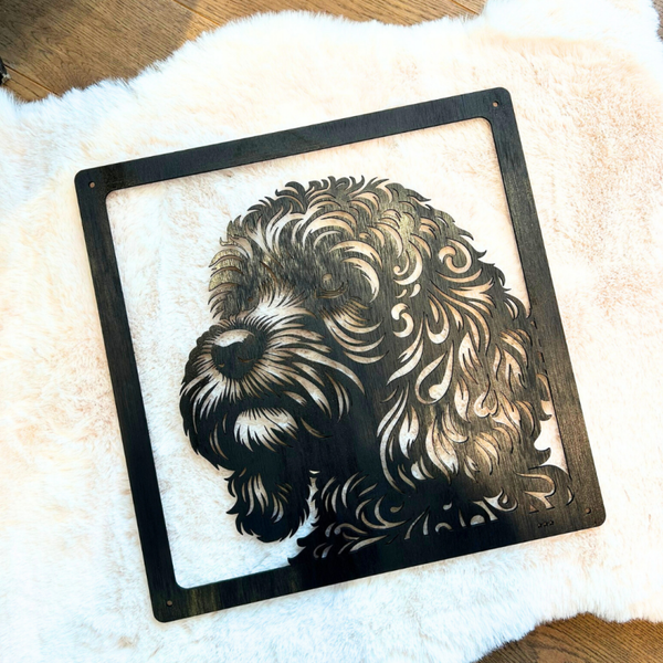 Houten schilderij labradoodle