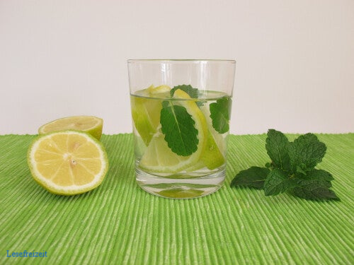Ein Glas mit Kräuter-Limonade mit Zitrone und Minze.