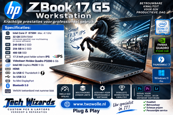 17,3 inch ZGAN HP Zbook 17 + Nvidea Quadro 6 Gb + 32 Gb + 2x M2 SSD +  2e SSD + Windows 11 Pro + Office 2024 + Startklaar