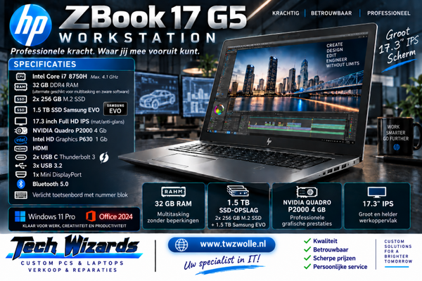 17,3 inch ZGAN HP Zbook 17 + Nvidea Quadro 4 Gb + 32 Gb + 2x M2 SSD +  2e 1 Tb SSD + Windows 11 Pro + Office 2024 + Startklaar