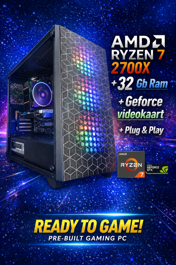 Zgan Snelle 8 Core Game Allrounder Pc AMD Ryzen 7 + Wifi + Geforce + 32 Gb DDR 4 + Snelle M2 SSD + 750 Gb HD + Windows 11  Pro + Office 2024 + Startklaar +  Garantie