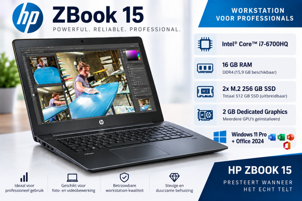 15.6 inch Professioneel  HP Zbook 15 + Core i7 + 16 Gb + 2x M2 Gb SSD + Windows 11 Pro + Startklaar