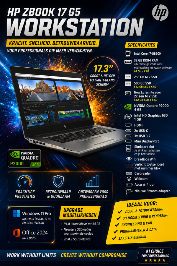 17,3 inch ZGAN HP Zbook 17  + Core i7 + 32 Gb + M2 SSd + 2e SSD +  Windows 11 Pro + Office 2024 + Startklaar