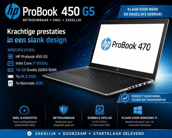15.6 inch Professioneel  HP Probook  + Core i7 + 16 Gb + M2 Gb SSD + 2e SSD + Windows 11 Pro + Startklaar