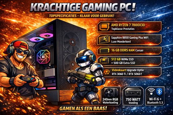 Nieuwe Game Allrounder Pc + AMD Ryzen 7 7800X3D  + 16 Gb Ram DDR5 + M2 SSD + Hd + 2e SSD + Startklaar + Garantie