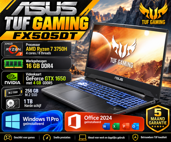 15.6 Inch ASUS TUF Gaming  + AMD Ryzen 7 + 16 Gb + Snelle M2 SSD + 1 Tb HD +Windows 11 Pro + Office 2024 + Startklaar+ Garantie